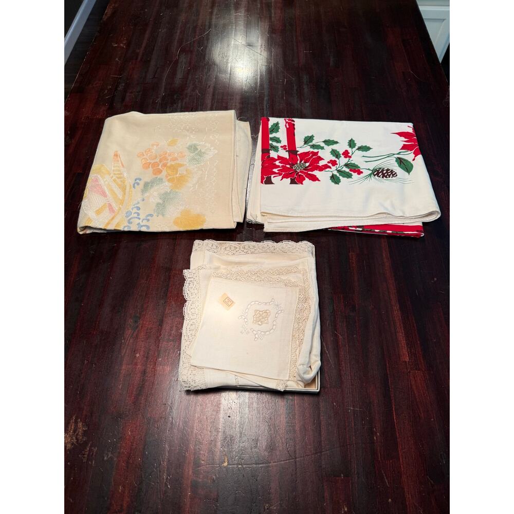 VTG Mid-Century Tablecloth Lot-Christmas Poinsettia/Brocade/Embroidered Lace Set